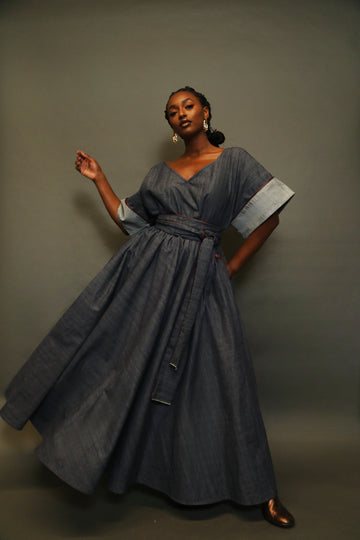 Denim Maxi Dress w/Leather Trim